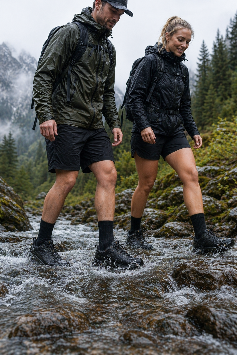Two people wearing rain jackets and shorts walking through a stream in a forested area.