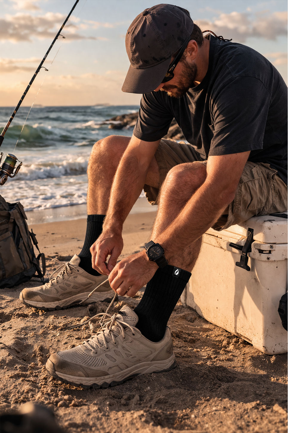 Man preparing fishing gear on a beach with sunset in the background